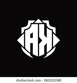 Monograma del logotipo AK con línea de protección y plantilla de diseño de 3 flechas sobre fondo negro