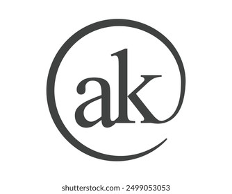 Logotipo de AK de dos letras con forma de círculo estilo de signo de correo electrónico. Logotipo A y K round de la empresa para la identidad de marca.