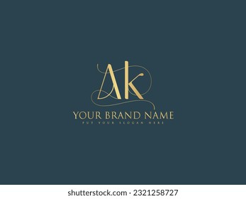 AK lujoso elegante icono de monograma tipográfico inicial con letra a y letra k. Las iniciales del alfabeto oro están aisladas en el fondo oscuro. Caracteres de señas elegantes y de señas de tipo firma y giro decorativo.