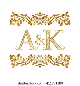 A&K Vintage Initials Logo Symbol. Letters A, K, Ampersand Surrounded Floral Ornament. Wedding Or Business Partners Initials Monogram In Royal Style.