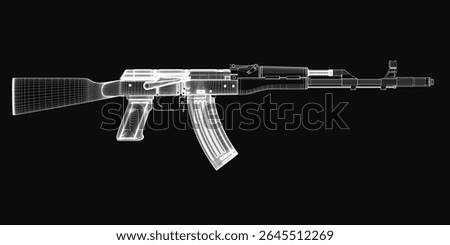 AK-47 assault rifle 3D model blueprint on a black background, showcasing detailed mechanical components and design structure. The Kalashnikov features a distinct curved magazine, barrel, and receiver.