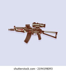 AK-47 Assault Rifle Weapon Gun Vector. Russian Machine Gun Ak47 Drawing. Assault Rifle, Side View.Battle Royale Weapon Vector Drawing. 3D Rendering Isolated On White Background.