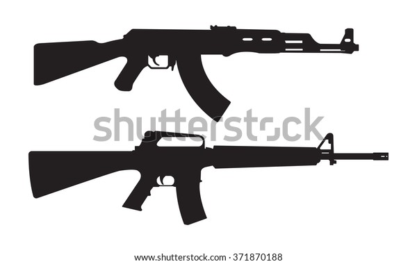 AK47 icon and M16 icon. Machine gun black silhouette. Vector illustration.