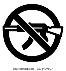 Ak47 Kalashnikov rifle forbidden solid icon, stop war concept. Vector graphics. Assault riffle gun prohibited sign on white background, glyph style mobile or design