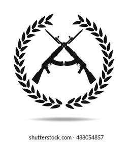 AK47 on Laurel icon .Machine gun black silhouette. Vector illustration