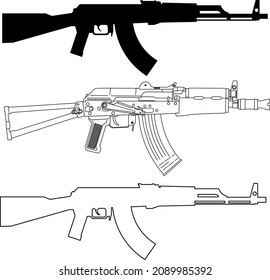 Ak-47, A Vector Drawing Created In An Illustrator.  Outline, Solid And Detailed Drawing Of The AK-47 Assault Rifle