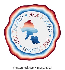 Aka Island badge. Map of the island with beautiful geometric waves and vibrant red blue frame. Vivid round Aka logo. Vector illustration.