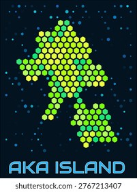 Aka Island hexagon dots map. Digital style boundary shape. Aka Island map and title. Large green colored hexagons, sparse blue dots at background. Vector Illustration.