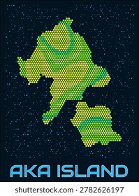 Aka Island hexagon dots map. Digital style boundary shape. Aka Island map and title. Tiny green colored hexagons, sparse blue dots at background. Vector Illustration.