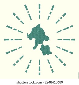 Aka Island Logo. Grunge sunburst poster with border map. Shape of Aka Island filled with hex digits with sunburst rays around. Awesome vector illustration.