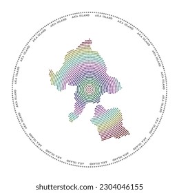 Aka Island round logo. Digital style shape of Aka Island in dotted circle with the name. Tech icon with gradiented dots. Astonishing vector illustration.