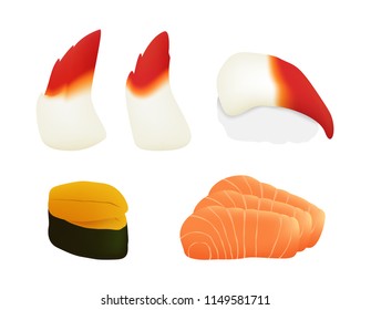 akagai surf clam , uni and salmon sushi and sashimi vector