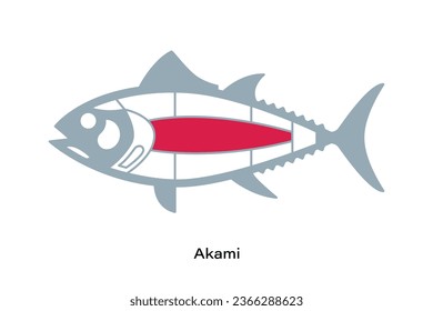 Akami. Tuna Cuts line diagram.  Japanese style