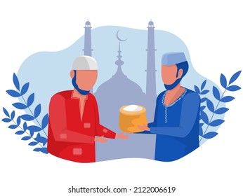 akat Ramadan, Zakat sadaqah concepto de donación en el Islam, musulmanes entregando al pobre ilustrador de vector plano