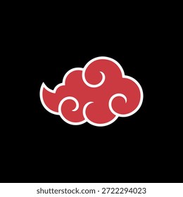 Akatsuki inspiró el símbolo de la nube roja de la cultura anime. Icono rojo minimalista de la nube del remolino en fondo negro. La Cultura Pop Japonesa Inspiró El Gráfico De Nube Roja. Emblema tradicional de la nube roja para los fanáticos del anime