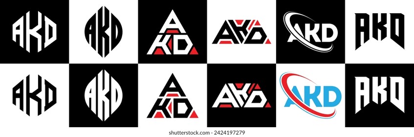 AKD letter logo design in six style. AKD polygon, circle, triangle, hexagon, flat and simple style with black and white color variation letter logo set in one artboard. AKD minimalist and classic logo