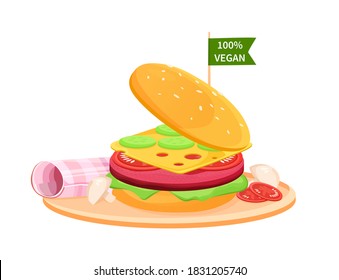 Mache Fleisch Burger. Künstliches kultiviertes Fleischkonzept. Brachbäckerburger. Pflanze jenseits von Fleischhamburger. Vectorflat einfach bearbeiten und anpassen