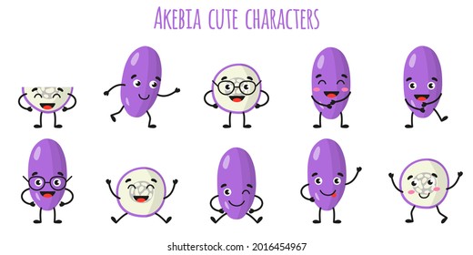 Akebia fruit cute funny cheerful characters with different poses and emotions.