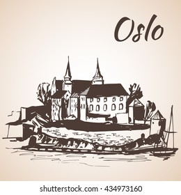 Akershus Fortress, Norway - Sketch, Isolated on white background.