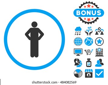 Akimbo icon with bonus design elements. Vector illustration style is flat iconic bicolor symbols, blue and gray colors, white background.
