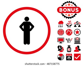 Akimbo icon with bonus images. Vector illustration style is flat iconic bicolor symbols, intensive red and black colors, white background.
