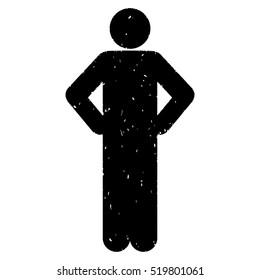 Akimbo Pose grainy textured black icon for overlay watermark stamps. Flat symbol with unclean texture. Dotted vector ink rubber seal stamp with grunge design on a white background.