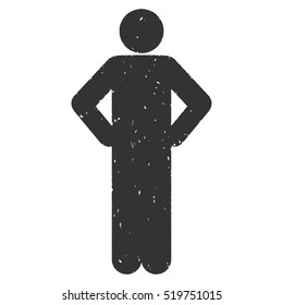 Akimbo Pose grainy textured gray icon for overlay watermark stamps. Flat symbol with dust texture. Dotted vector ink rubber seal stamp with grunge design on a white background.
