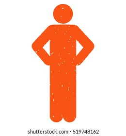 Akimbo Pose grainy textured orange icon for overlay watermark stamps. Flat symbol with scratched texture. Dotted vector ink rubber seal stamp with grunge design on a white background.