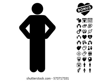 Akimbo Pose icon with bonus dating graphic icons. Vector illustration style is flat iconic black symbols on white background.