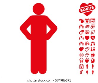 Akimbo Pose icon with bonus dating pictures. Vector illustration style is flat iconic red symbols on white background.