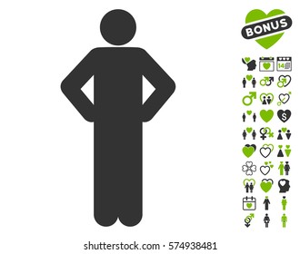 Akimbo Pose icon with bonus lovely graphic icons. Vector illustration style is flat iconic eco green and gray symbols on white background.