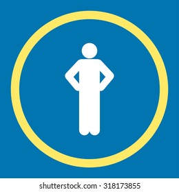 Akimbo vector icon. This rounded flat symbol is drawn with yellow and white colors on a blue background.