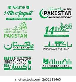 Conjunto de tipografía del Día de la Independencia de Pakistán. Utilizado para el logotipo, el Anuncio, el diseño del poste de las redes sociales. Vector profesional de caligrafía del Día Nacional de Pakistán