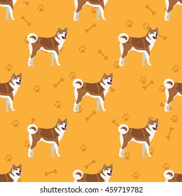 Akita dog asian breed colorful seamless vector background with foot print and bone