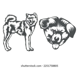 Akita Dog Face illustration, Black and White Dog Face Silhouette 