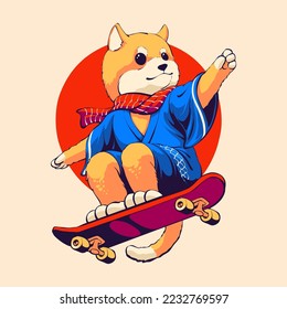 akita dog riding skateboard illustration