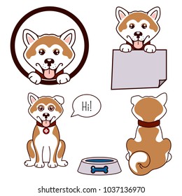 Akita dog vector icon. Happy puppy set, front view and back.