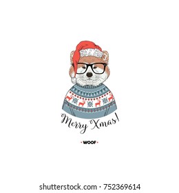 Akita dog wearing  jacquard pullover, Merry Christmas card