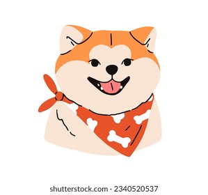 avatar de Akita Inu, raza japonesa. Feliz retrato de cachorro, canino. Perro sonriente lindo en el baño. Cabeza, cara, bozal de las crías asiáticas de Japón. Ilustración vectorial plana aislada en fondo blanco