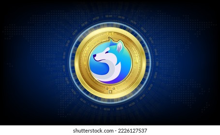 Akita Inu Coin golden Token Kryptowährung. Währung auf dem Aktienmarkt der Blockkette digital. Kryptowährungen auf blauem Hintergrund, Vektorgrafik EPS10.