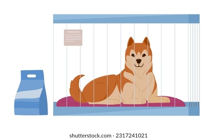 Akita inu in dog cage. Pet shop or dog help adoption shelter, cute akita puppy in dog hotel flat vector illustration