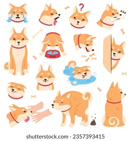 Akita Inu Dog and Domestic Animal or Pet in Different Situation Vector Set