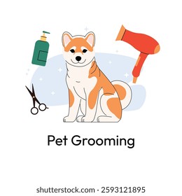 Akita Inu dog grooming. A fluffy Akita Inu sits calmly, surrounded by grooming tools like scissors, shampoo, and a hairdryer. Clean and modern design, ideal for pet care services. Vector illustration