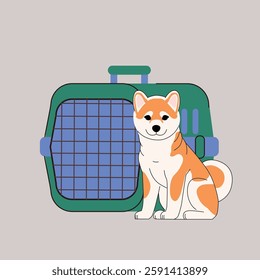 Akita Inu dog with a pet carrier. A fluffy Akita Inu sits next to a travel crate, ready for transport. Clean and modern design, ideal for pet travel and transportation services. Vector illustration