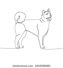 Akita Inu, japanese dog breed, ancient breed, hunting dog one line art. Continuous line drawing of friend, dog, doggy, friendship, care, pet, animal, family, canine.