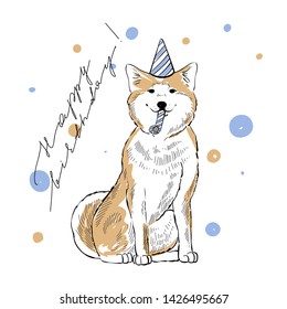 Akita inu in party hat congrats with happy birthday lettering, vector