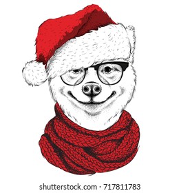 Akita inu in Santa Claus hat runs New Year's background. Vector illustration