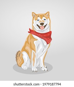 Akita Inu Wearing A Red Bandana On The Neck. Happy And Cheerful Dog.