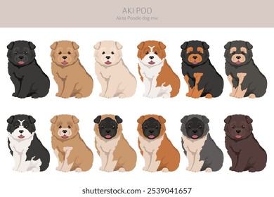 Akita Poodle-Mix. Aki Poo clipart. Verschiedene Fellfarben eingestellt.  Vektorgrafik