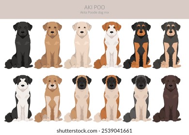 Akita Poodle-Mix. Aki Poo clipart. Verschiedene Fellfarben eingestellt.  Vektorgrafik